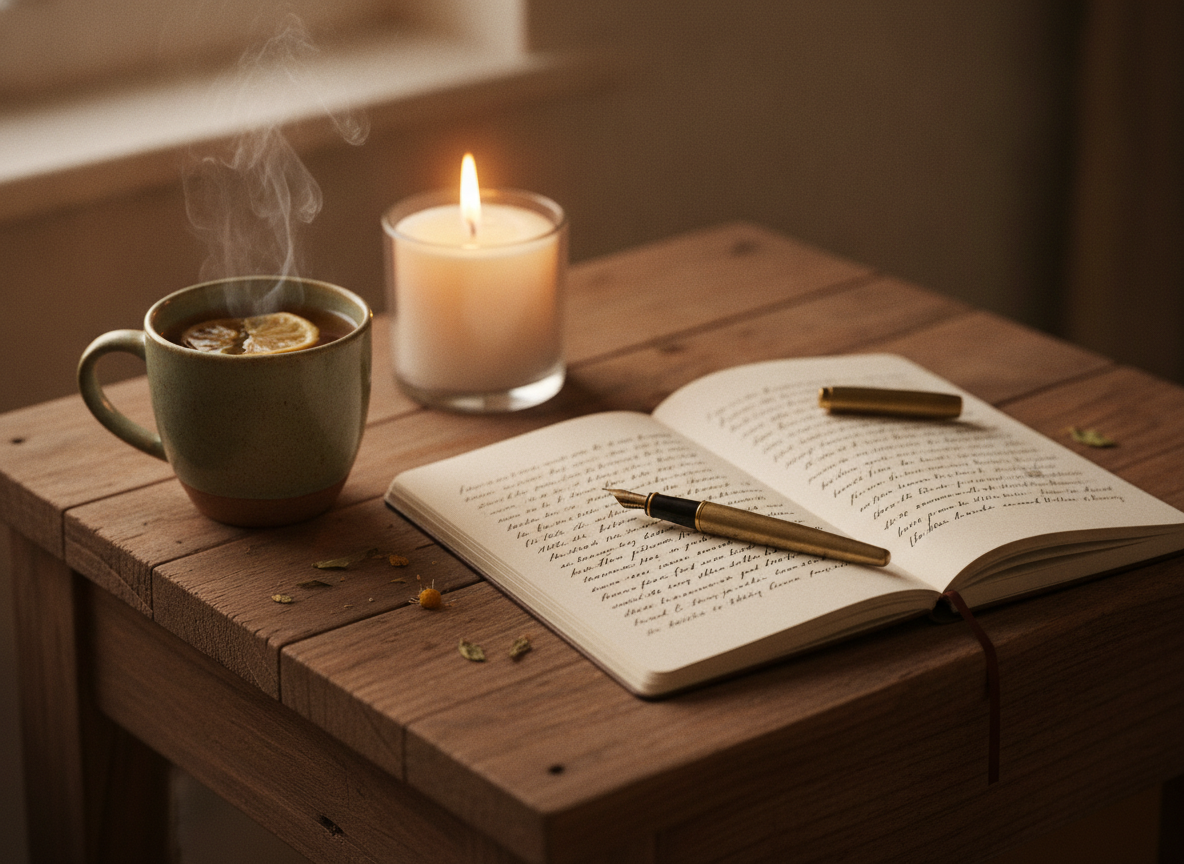 Notitieboek met pen en thee bij kaarslicht