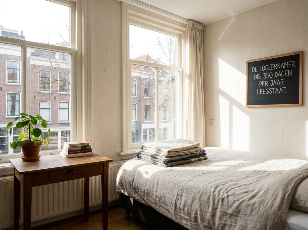 Opgemaakt eenpersoonsbed in een lege logeerkamer met zacht daglicht door het raam