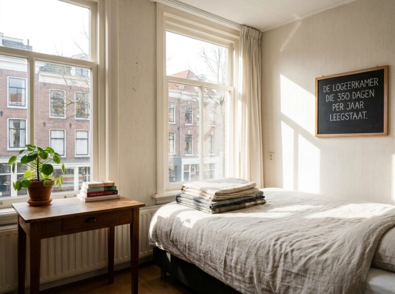 Opgemaakt eenpersoonsbed in een lege logeerkamer met zacht daglicht door het raam