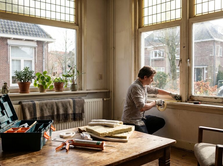 Zelfklevende tochtstrip die op de aanslag van een houten voordeurkozijn wordt aangedrukt