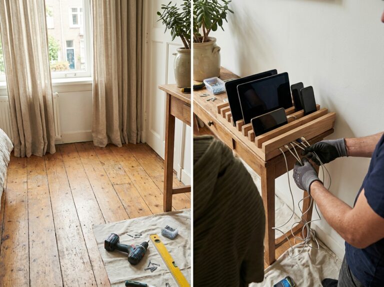 Geopende houten lade met telefoons en een tablet op korte laadkabels naast een stekkerdoos