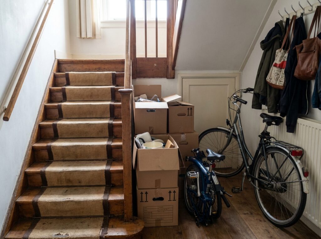 Leeg gemeenschappelijk trappenhuis in een Nederlands portiek met een houten leuning