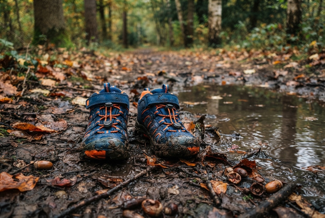 Kleurige waterdichte kinderwandelschoenen in de modder op een bospad