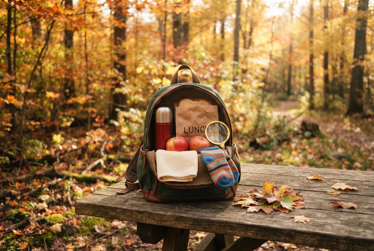 Rugzak met thermosfles, appels, vergrootglas en reservesokken op een picknicktafel in het bos